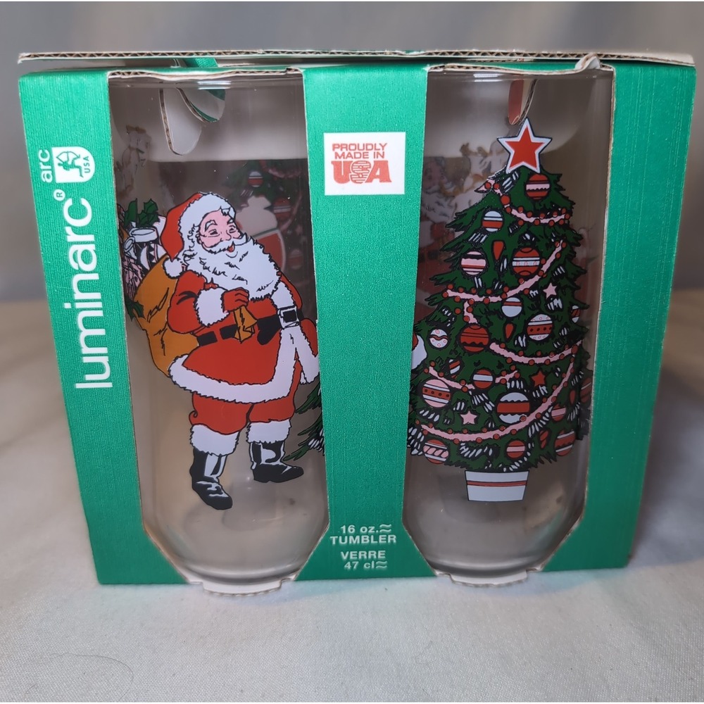 4x Vintage NOS Luminarc Santa Claus Reindeer Christmas Tree Glasses 16 Oz.